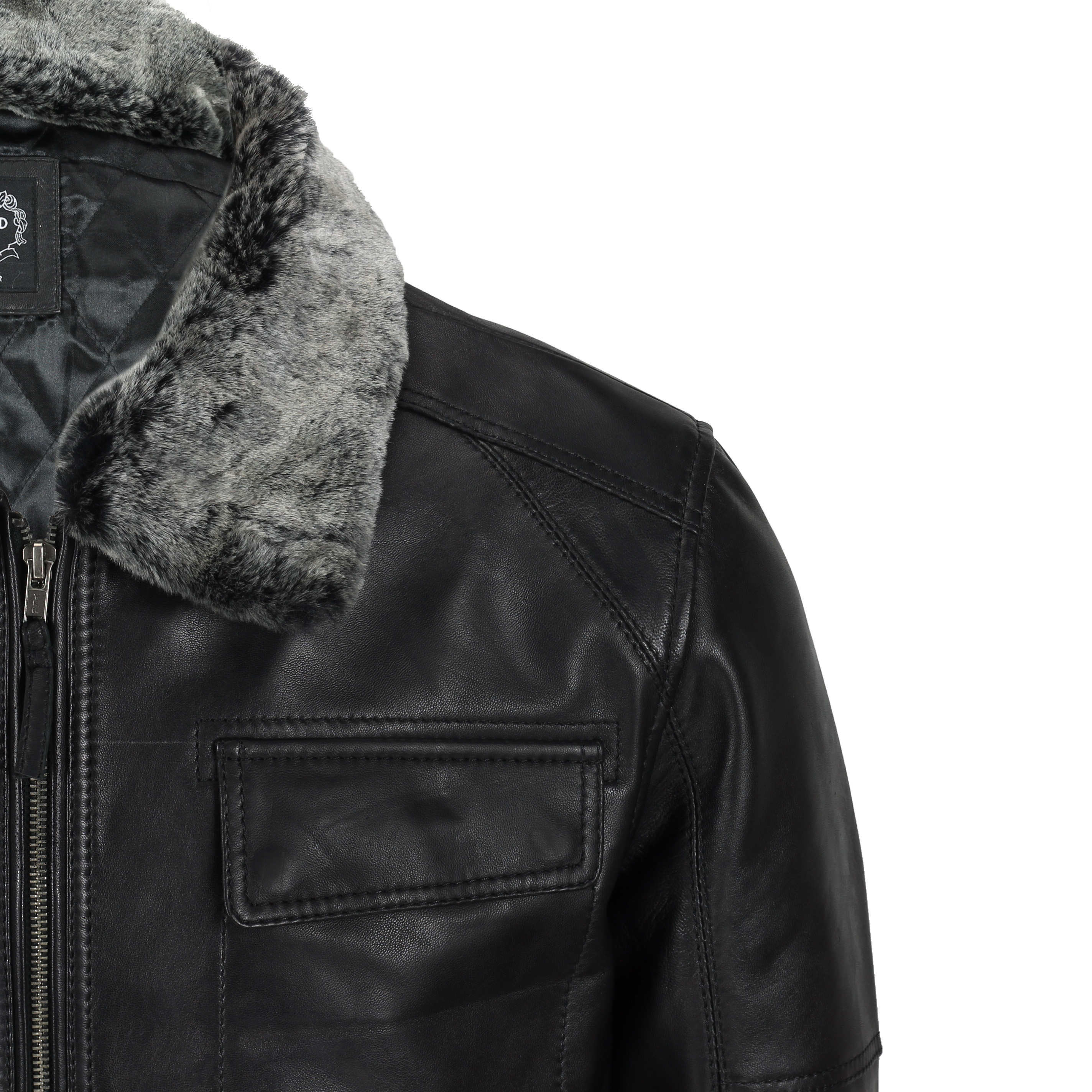 Mens black leather bomber jacket with fur clearance collar